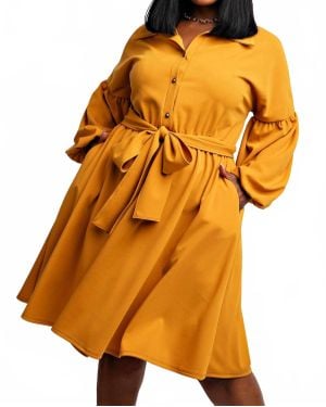 The Curve Plus Size Button Front Fit And Flare Dress With Pockets - Orange