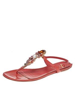 Loriblu Patent Leather Crystal Embellished Ankle Strap Flat Sandals - Red