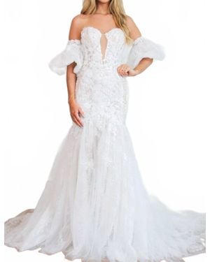 Cinderella Divine Polly Lace Floral Applique Detachable Off Shoulder Wedding Dress - White