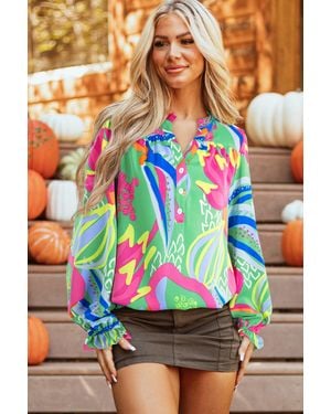 TRUEDAMES Abstract Print Ruffled Sleeve Buttoned V Neck Blouse - Green