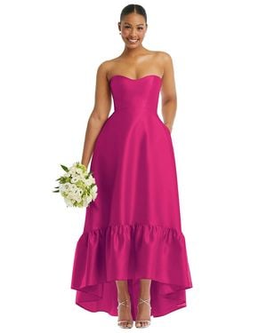 Alfred Sung Strapless Deep Ruffle Hem Satin High Low Dress With Pockets - Pink