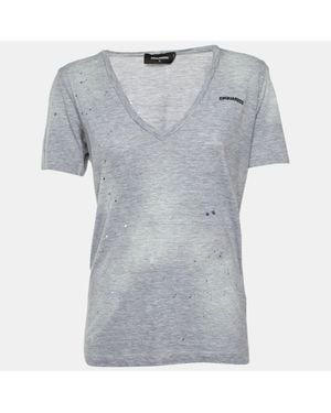 DSquared² Distressed Cotton V-Neck T-Shirt - Gray