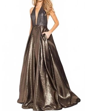 Jovani Halter Metallic Prom Dress - Brown