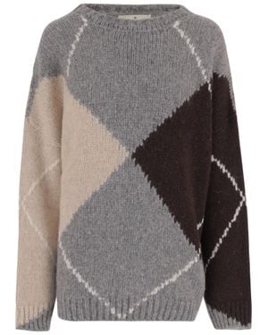Bruno Manetti Wool-Blend Oversized Sweater With Argyle Pattern - Gray