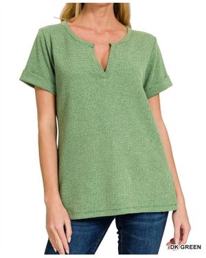 Zenana Melange Baby Waffle Shirt - Green