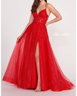 Ellie Wilde Floral Lace A-Line Prom Dress - Red