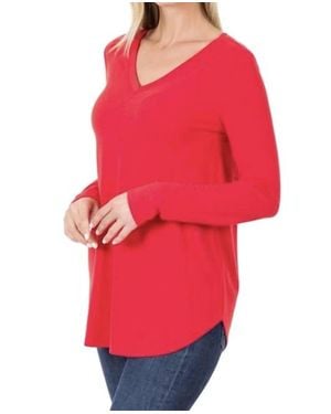 Zenana Long Sleeve Round Neck Hem Top - Red