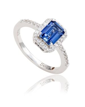 Suzy Levian Sterling Emerald Cut Sapphire & Diamond Accent Halo Ring - Blue