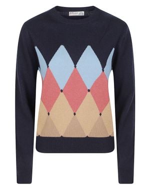 Ballantyne Round Neck Classic Diamon Argyle Cashmere Sweater - Blue