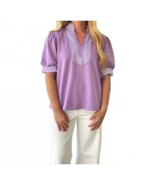 Jodifil Short Puff Sleeves High Neck Stripe Top - Purple