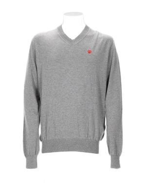 Comme des Garçons Long-Sleeve Knit Sweater With V-Neckline And Signature Heart Emblem - Gray