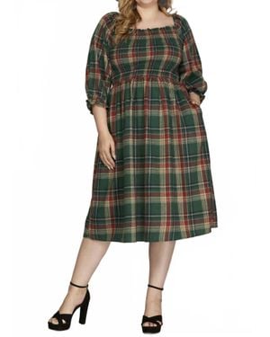 She + Sky Plaid Smocked Midi Dress - Green