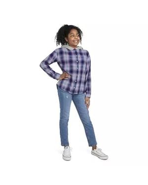 Levi's Girls Flannel Shirt Plaid Hooded Long Sleeve Pockets Gbo208 - Blue