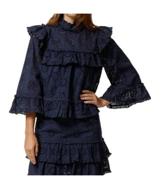 Stellah Eyelet Trimmed Bell Sleeve Top - Blue