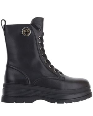 Pinko Chunky Sole Lace-Up Leather Boots - Black