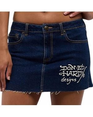 Ed Hardy Tattoo Collage Dark Denim Cutoff Mini Skirt - Blue