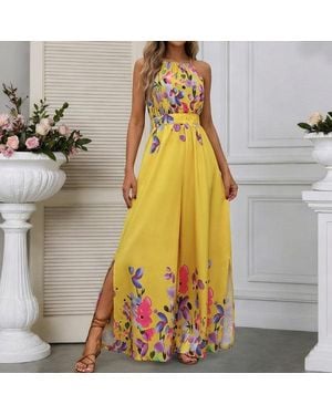 TRUEDAMES Summer Print Halter Tie-Front Wide-Leg Jumpsuit - Yellow
