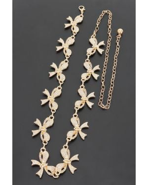 Fashnzfab Rhinestone Bow Charm Chain Waist Belt - Gray