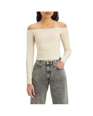 Levi's Graphic Lexie Bardot Top Sand Slim Fit Off Shoulder Crop Frog426 - Gray