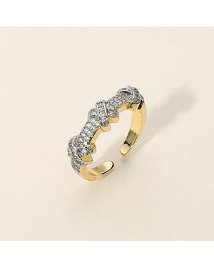 Fashnzfab Secret Box_14K Dipped Rhinestone Paved Crisscross Accent Adjustable Ring - Metallic