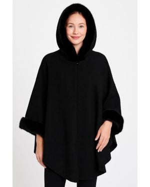 TRUEDAMES Hooded Faux Fur Trim Cape - Black