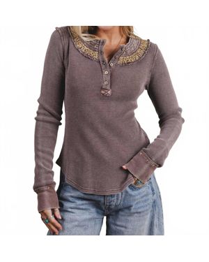 Easel Embroidered Neck Thermal Top - Brown