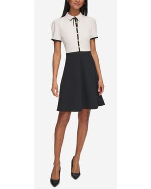 KARL LAGERFELD Collared Contrast Trim Knee-Length Dress - Black