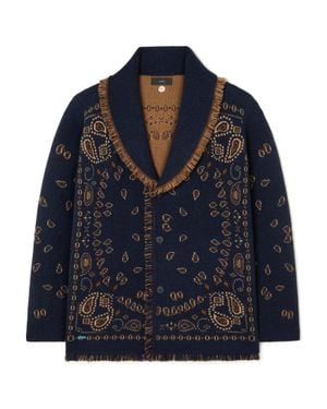 Alanui Bandana Jacquard Cardigan With Shawl Collar And Fringed Edges - Blue