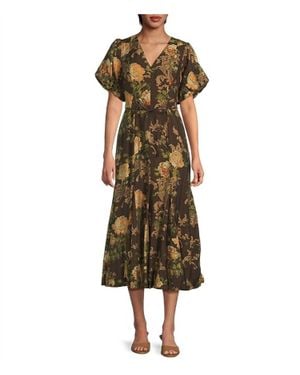 Astr Lavena Belted V-Neck Puff Sleeve Midi Dress - Green