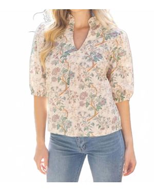Voya Floral Eyelet Half Puff Sleeve Top - Gray