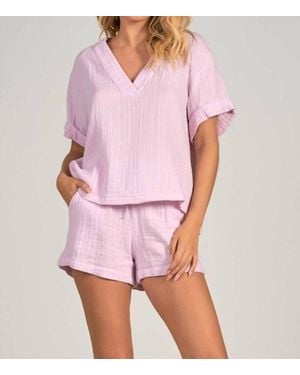 Elan Short Sleeve Cotton Gauze V-Neck Top - Pink