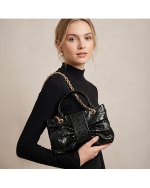 Fashnzfab Sparkly Ruched Bow Accent Shoulder Crossbody Handbag - Black