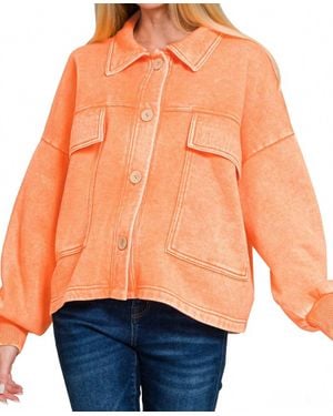 Zenana Acid Wash Fleece Cropped Shacket With Front Pockets - Orange