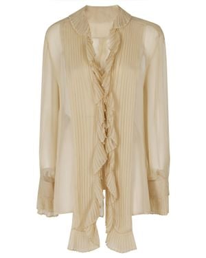 Alberta Ferretti Silk Chiffon Pleated Ruffled V-Neck Silk Blouse - Natural
