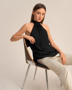 LILYSILK Silk Georgette Halter Neck Top For - Black