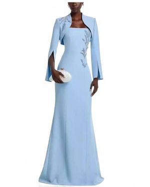 Teri Jon Crepe Bead Trim Bolero And Strapless Gown - Blue