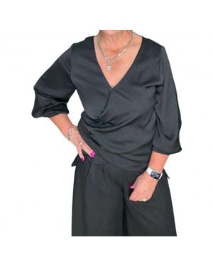 Before You Collection Satin V-Neck Top - Black