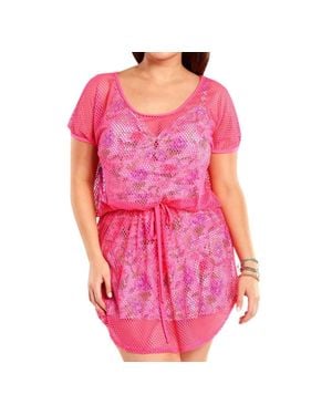 Always for Me Plus Size Fishnet Crochet Cover Up Dress - Pink