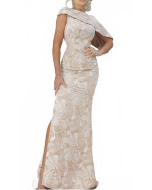 Terani Asymmetrical Jacquard Champagne Trumpet Evening Dress - Natural