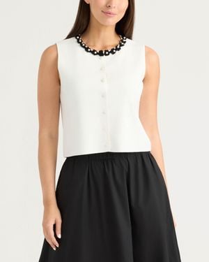 Ellen Tracy Knit Vest With Beaded Crochet Trims - White