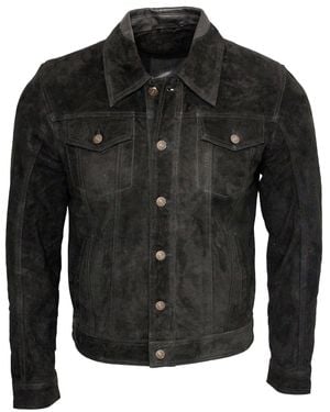 Infinity Leather Trucker Classic Suede Leather Shirt Jeans Jacket - Black