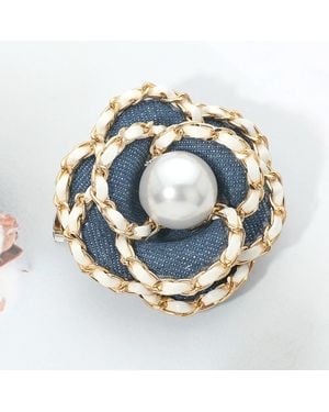 Fashnzfab Pearl Accent Chain Trim Denim Camellia Floral Pin Brooch Hair Clip - Blue