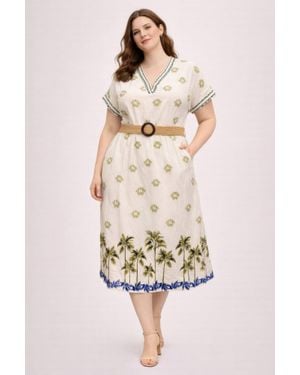TRUEDAMES Plus Size Tropical Border Print Midi Dress - Natural