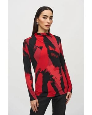 Joseph Ribkoff Silky Knit Abstract Print Mock Neck Top - Red