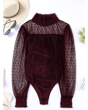 Pretty Bash Sheer Dotty Long Sleeve Velvet Bodysuit - Purple