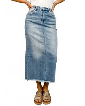 Risen High-Rise Frayed Long Denim Pencil Skirt - Blue