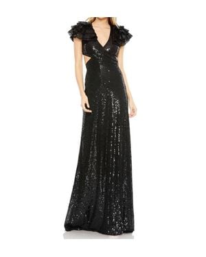 Mac Duggal Sequin Ruffled Cut Out Lace Up Gown - Black