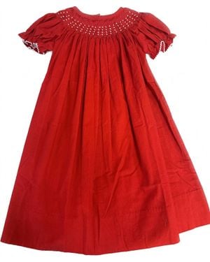 Delaney Girl's Corduroy Smocked Pearl Bishop Dress - Red