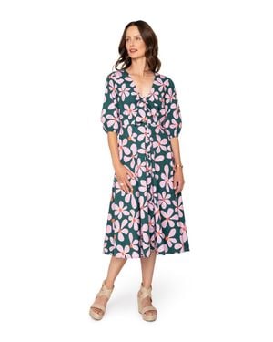Leota Adriana Tie-Front Midi Dress Dancing Daisies Evergreen - Blue