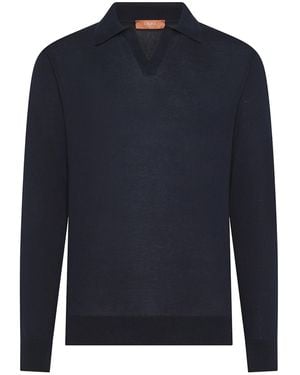 Cruna Long-Sleeve Deep V-Neck Ribbed Polo - Blue